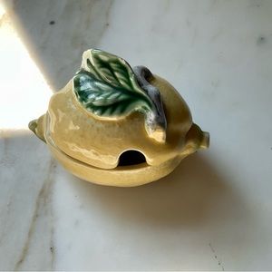 Vintage Bordallo Pinheiro Small Lemon lidded jar. Missing spoon. Some flaws.